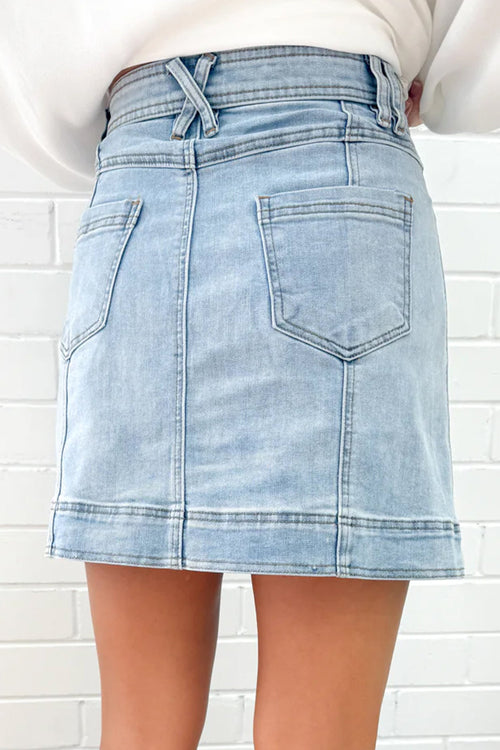 Beau Blue Exposed Seam Detail A-line Denim Mini Skirt with Pockets
