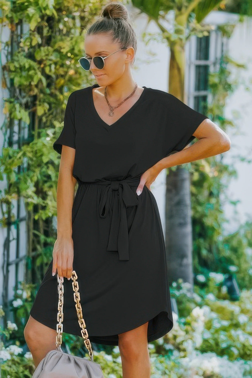 V Neck Waist Tie Solid A Line Dress